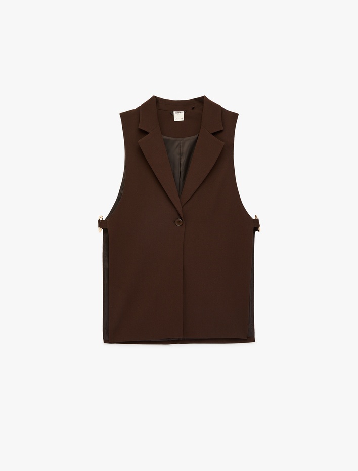  Geniş Yaka Kolsuz Metal Aksesuarlı Düğmeli Yelek