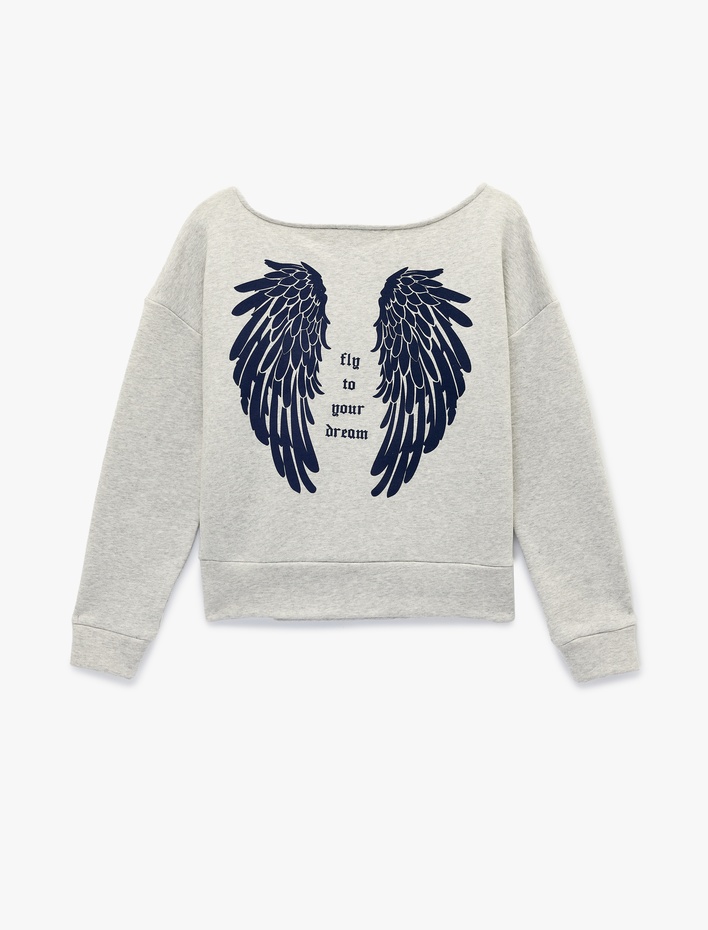  Modal Karışımlı Rahat Kalıp Kayık Yaka Arkası Baskılı Sweatshirt