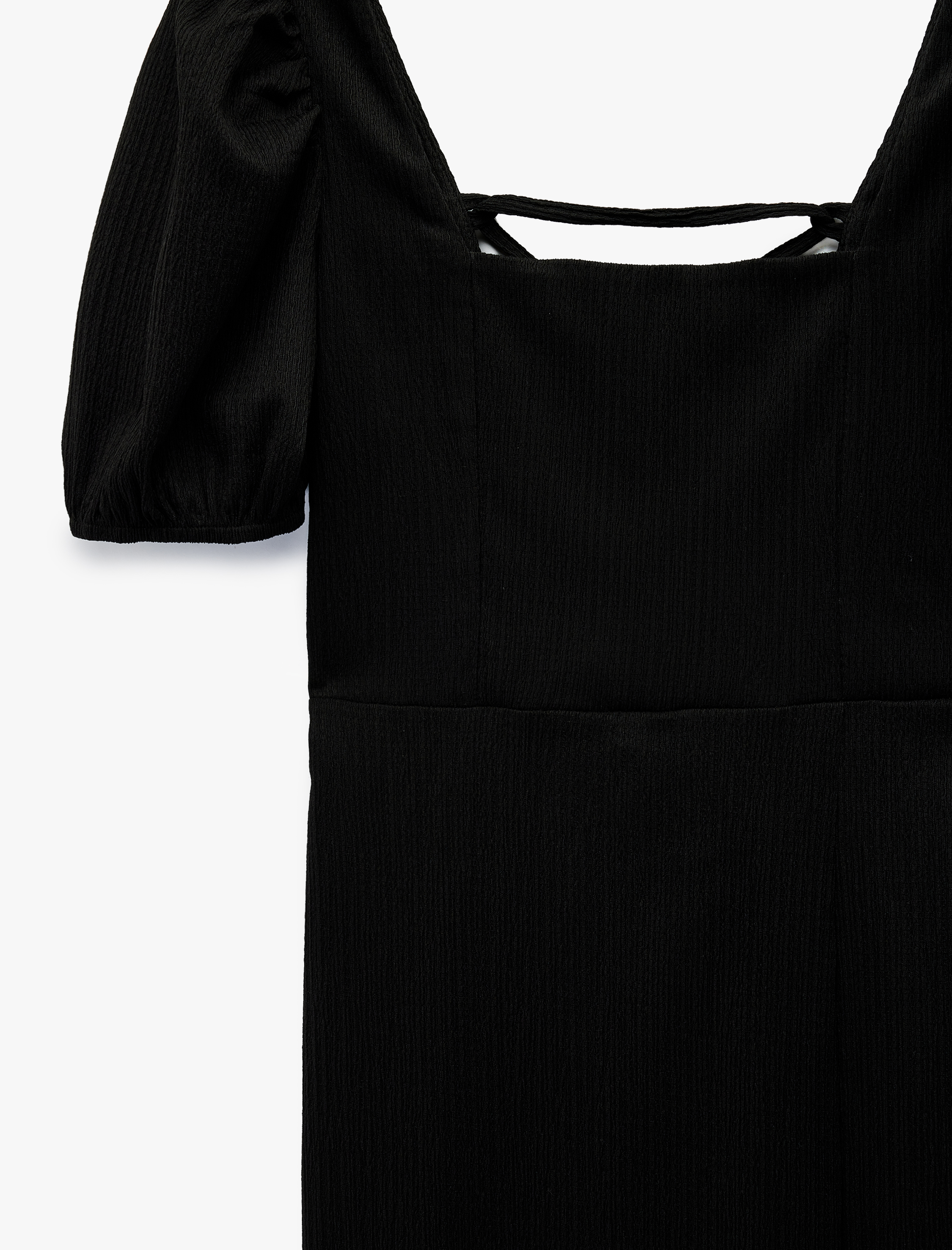   Sırt Detaylı Kare Yaka Kısa Balon Kol Slim Fit Bürümcük Midi Elbise
