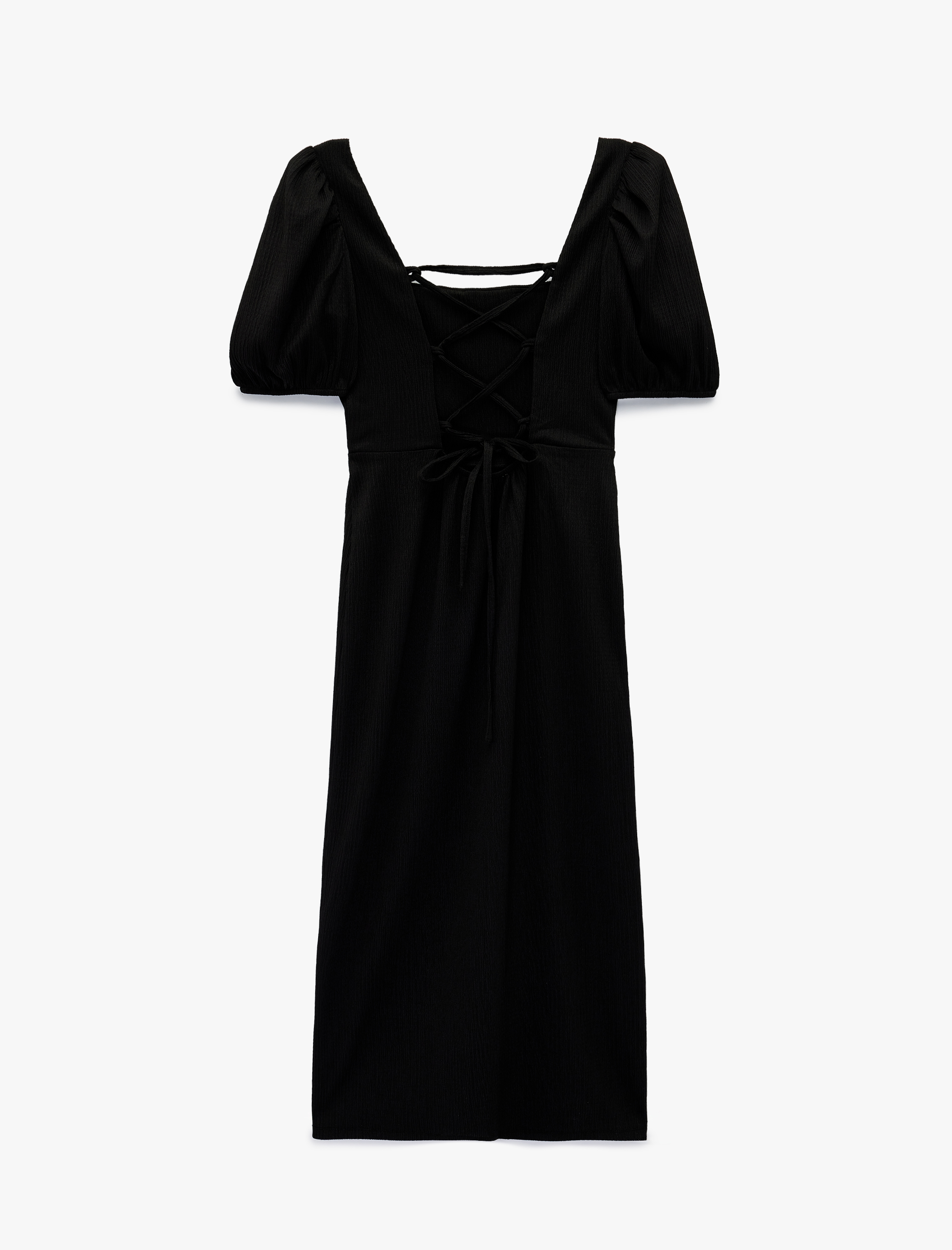  Sırt Detaylı Kare Yaka Kısa Balon Kol Slim Fit Bürümcük Midi Elbise