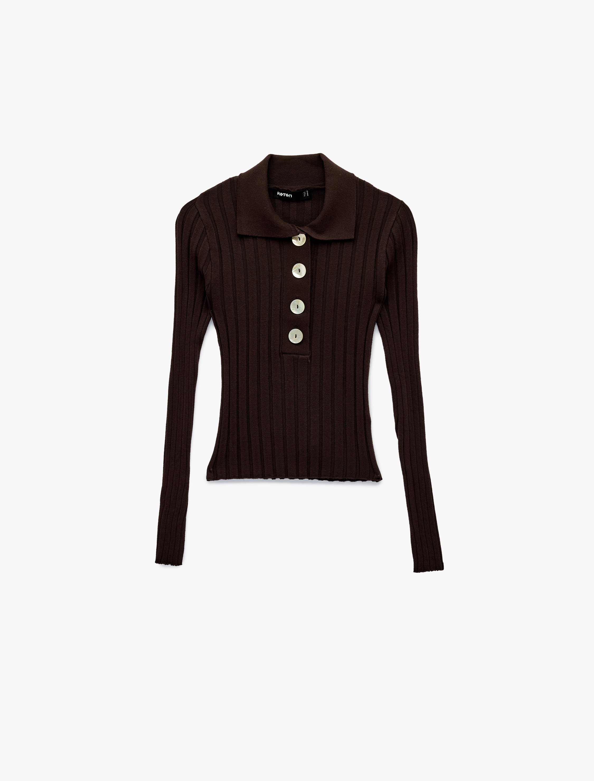   Uzun Kollu Büyük Düğme Detaylı Polo Yaka Triko Kazak