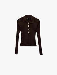 Uzun Kollu Büyük Düğme Detaylı Polo Yaka Triko Kazak