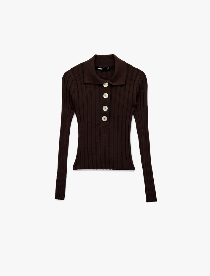  Uzun Kollu Büyük Düğme Detaylı Polo Yaka Triko Kazak