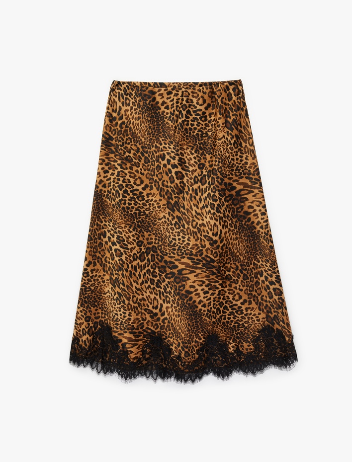  Slim Fit Dantel Detaylı Leopar Desenli Saten Etek