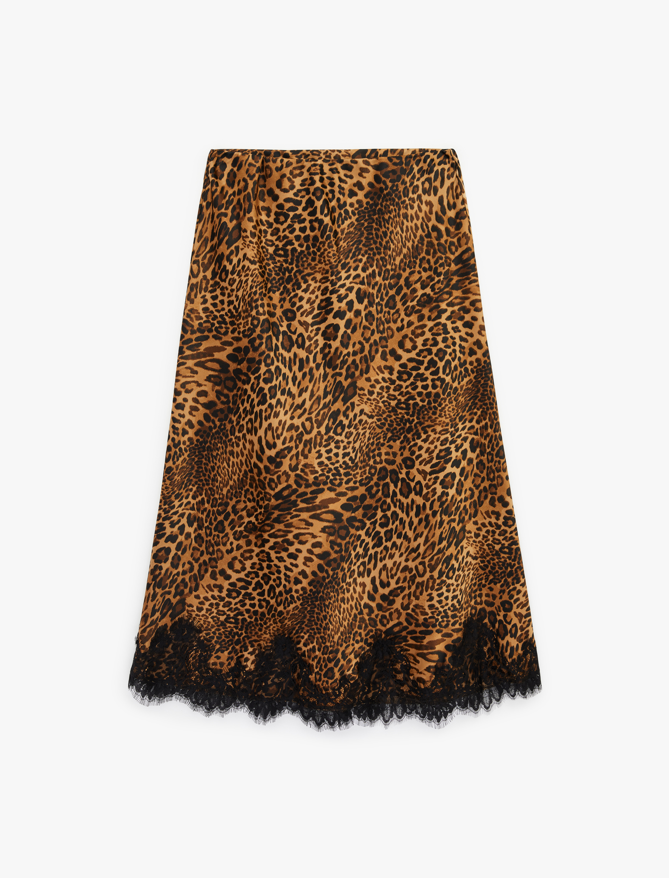   Slim Fit Dantel Detaylı Leopar Desenli Saten Etek