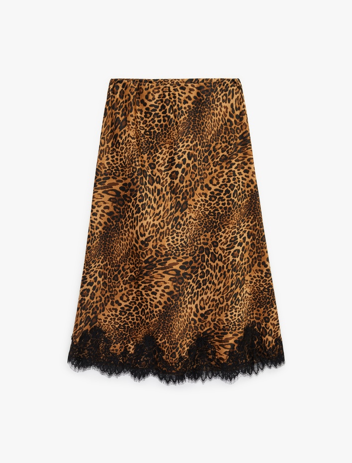  Slim Fit Dantel Detaylı Leopar Desenli Saten Etek