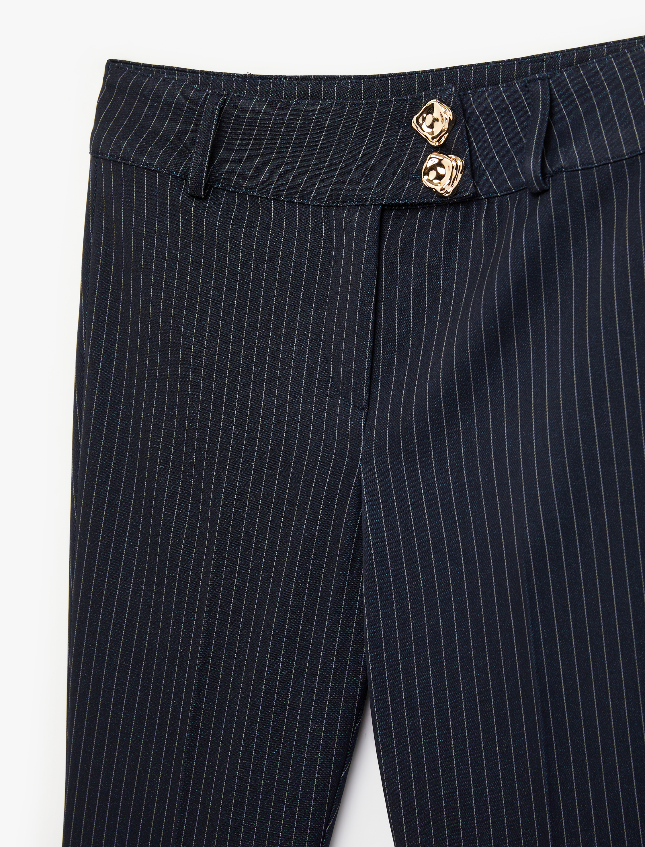   Slim Fit Mücevher Düğme Detaylı Çizgili İspanyol Paça Kumaş Pantolon