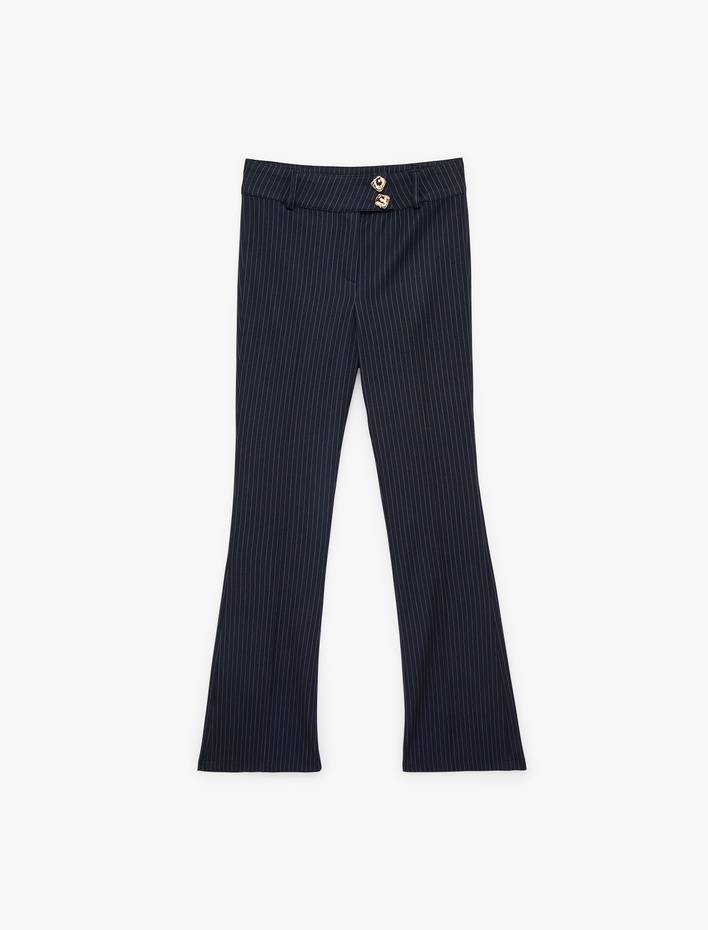  Slim Fit Mücevher Düğme Detaylı Çizgili İspanyol Paça Kumaş Pantolon