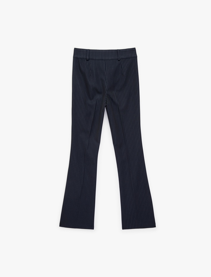  Slim Fit Mücevher Düğme Detaylı Çizgili İspanyol Paça Kumaş Pantolon