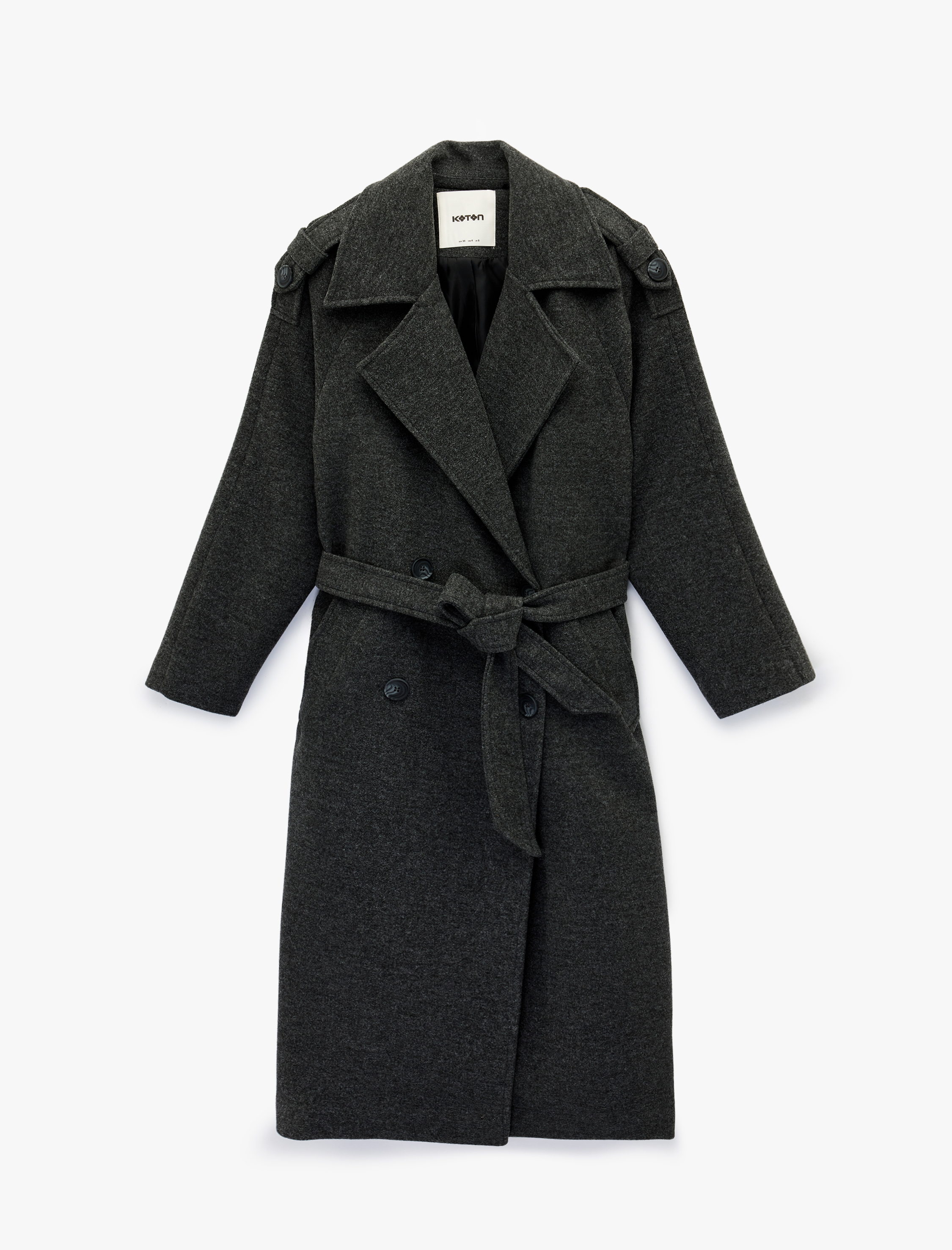   Uzun Kollu Cepli Düğmeli Kuşaklı Uzun Kruvaze Kaşe Kaban