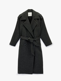 Uzun Kollu Cepli Düğmeli Kuşaklı Uzun Kruvaze Kaşe Kaban