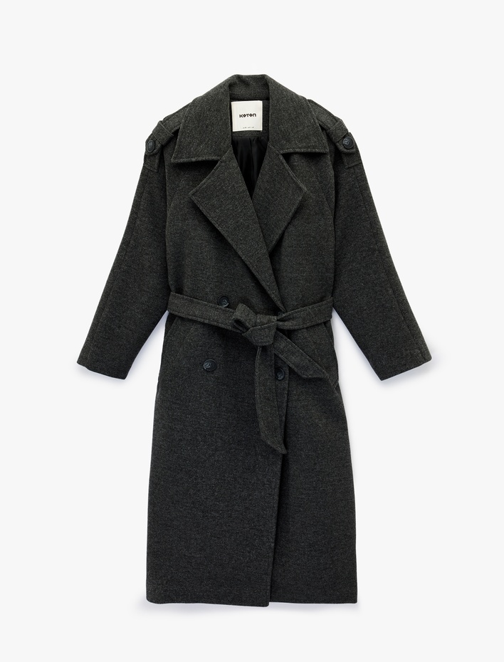  Uzun Kollu Cepli Düğmeli Kuşaklı Uzun Kruvaze Kaşe Kaban