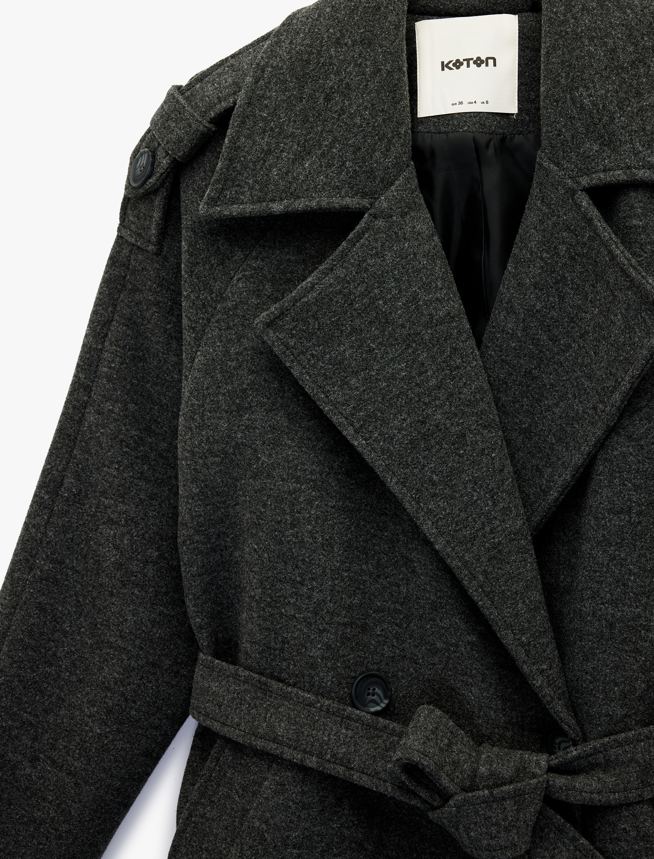   Uzun Kollu Cepli Düğmeli Kuşaklı Uzun Kruvaze Kaşe Kaban