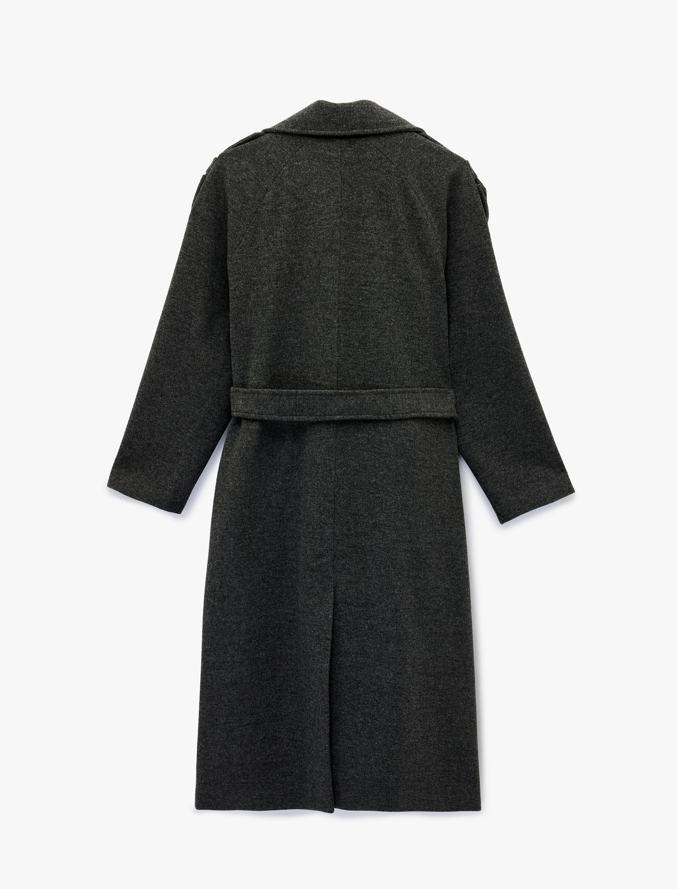   Uzun Kollu Cepli Düğmeli Kuşaklı Uzun Kruvaze Kaşe Kaban