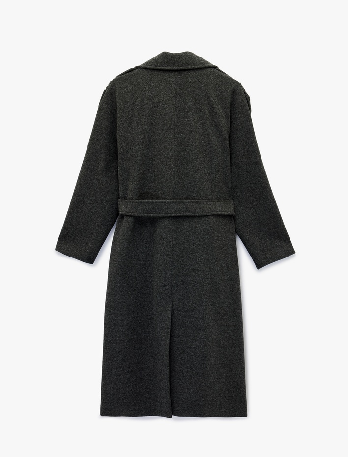  Uzun Kollu Cepli Düğmeli Kuşaklı Uzun Kruvaze Kaşe Kaban