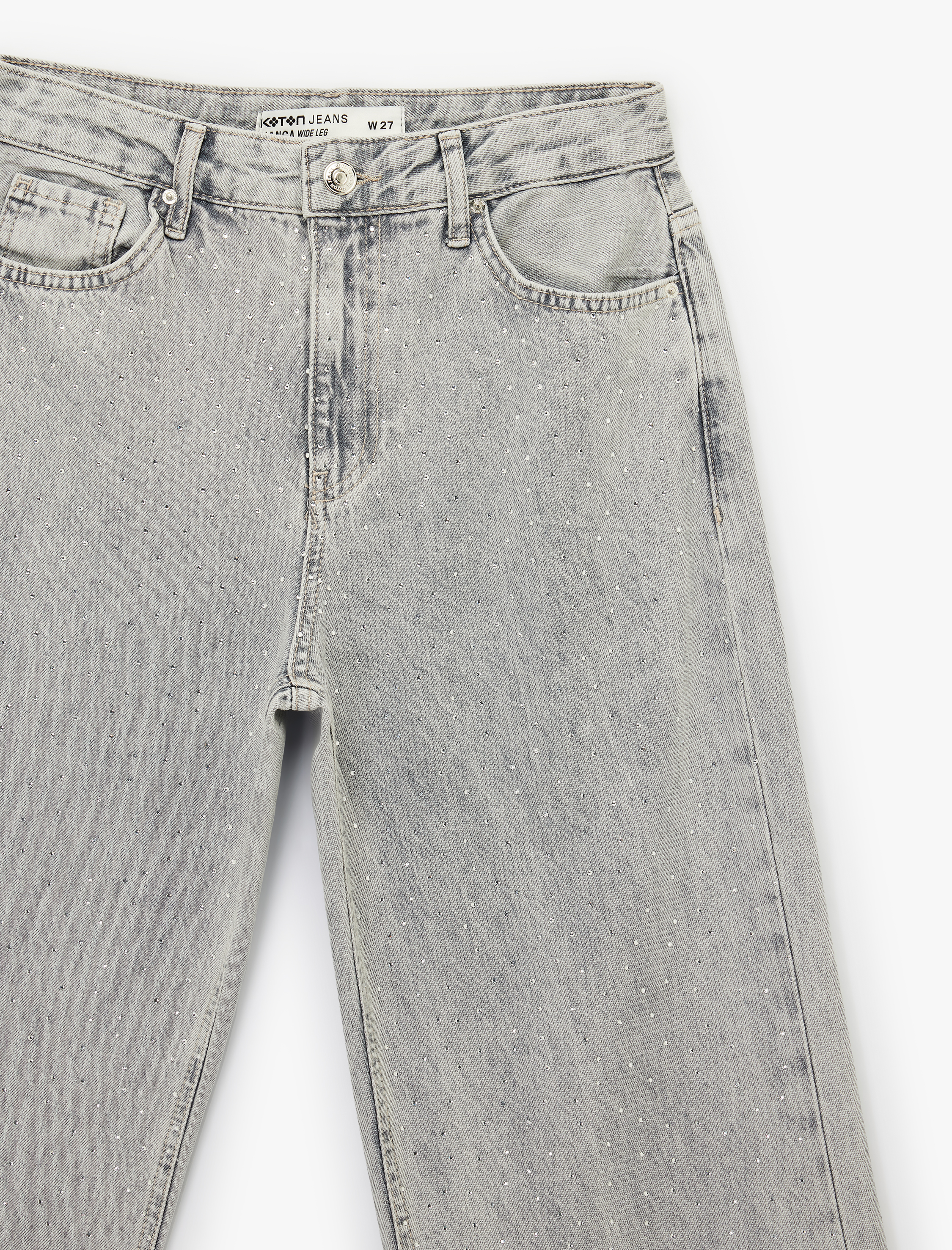   Normal Bel Taş Detaylı Pamuklu Geniş Paça Denim Pantolon - Wide Leg Jean