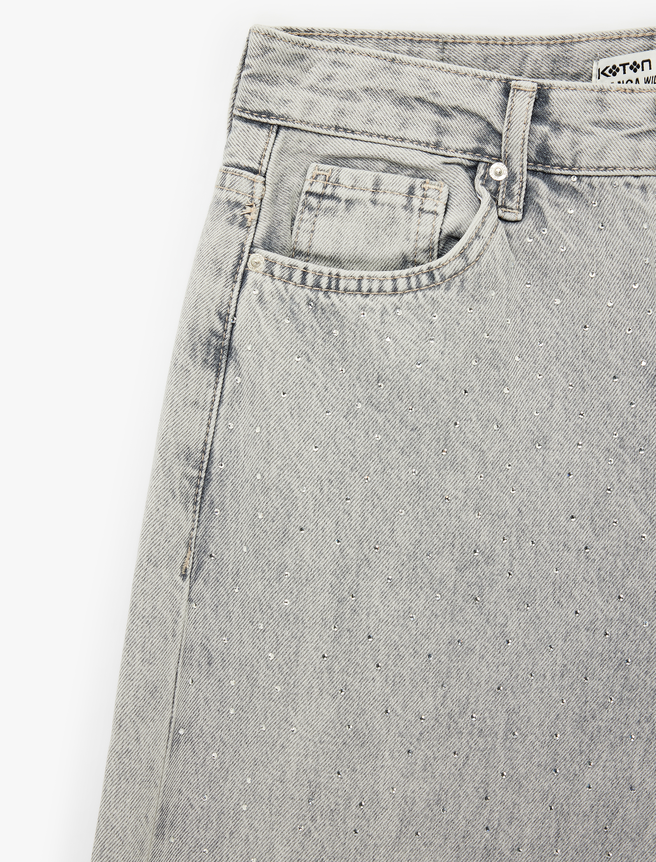   Normal Bel Taş Detaylı Pamuklu Geniş Paça Denim Pantolon - Wide Leg Jean