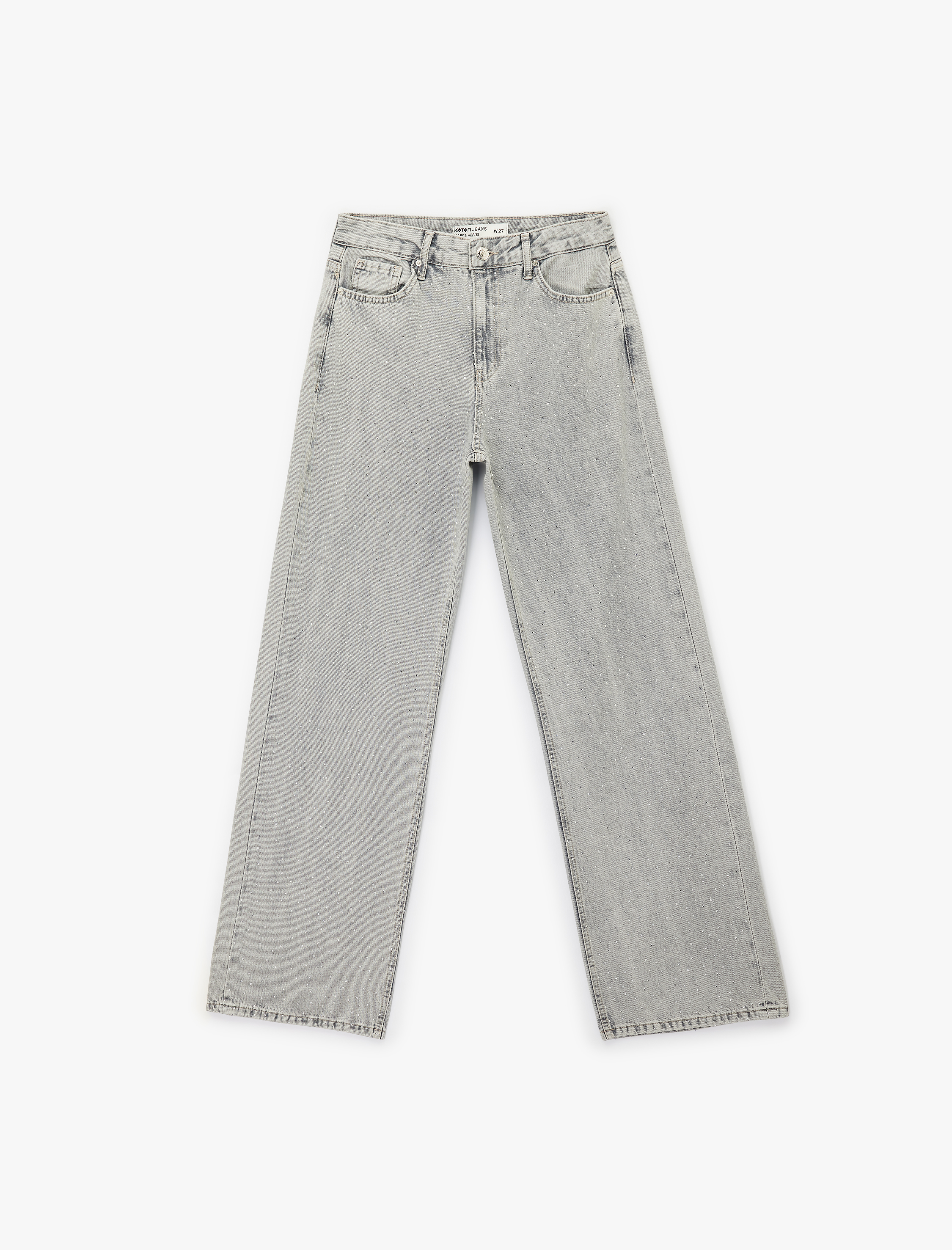   Normal Bel Taş Detaylı Pamuklu Geniş Paça Denim Pantolon - Wide Leg Jean