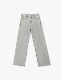 Normal Bel Taş Detaylı Pamuklu Geniş Paça Denim Pantolon - Wide Leg Jean