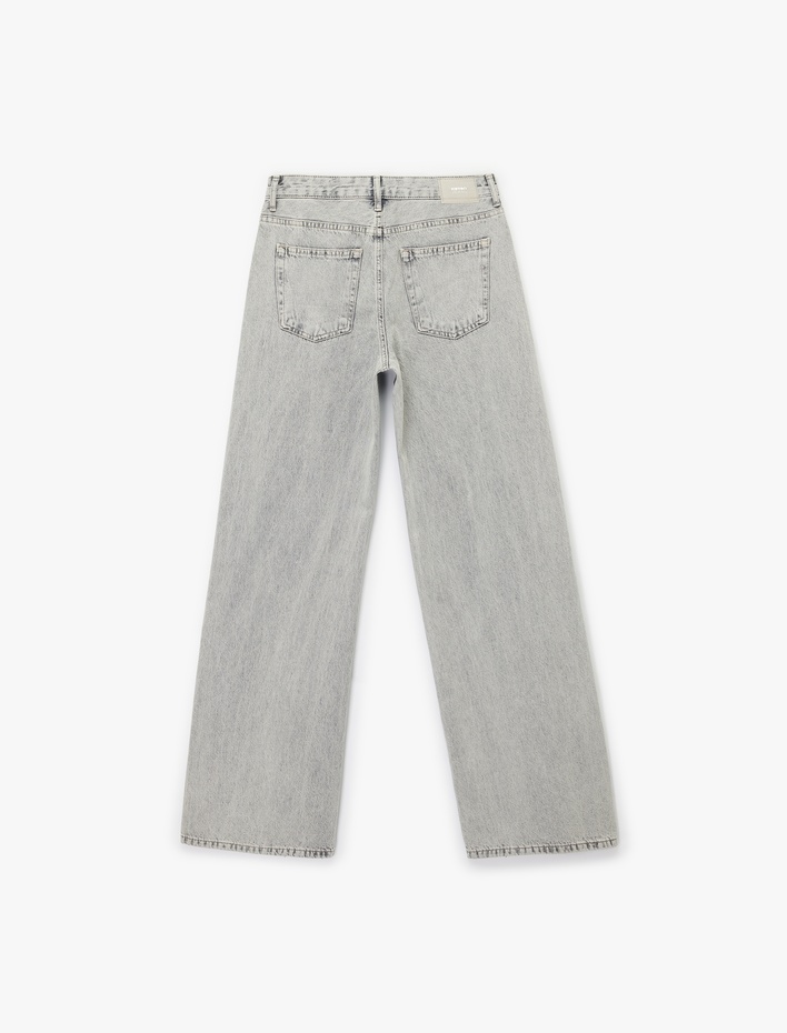  Normal Bel Taş Detaylı Pamuklu Geniş Paça Denim Pantolon - Wide Leg Jean