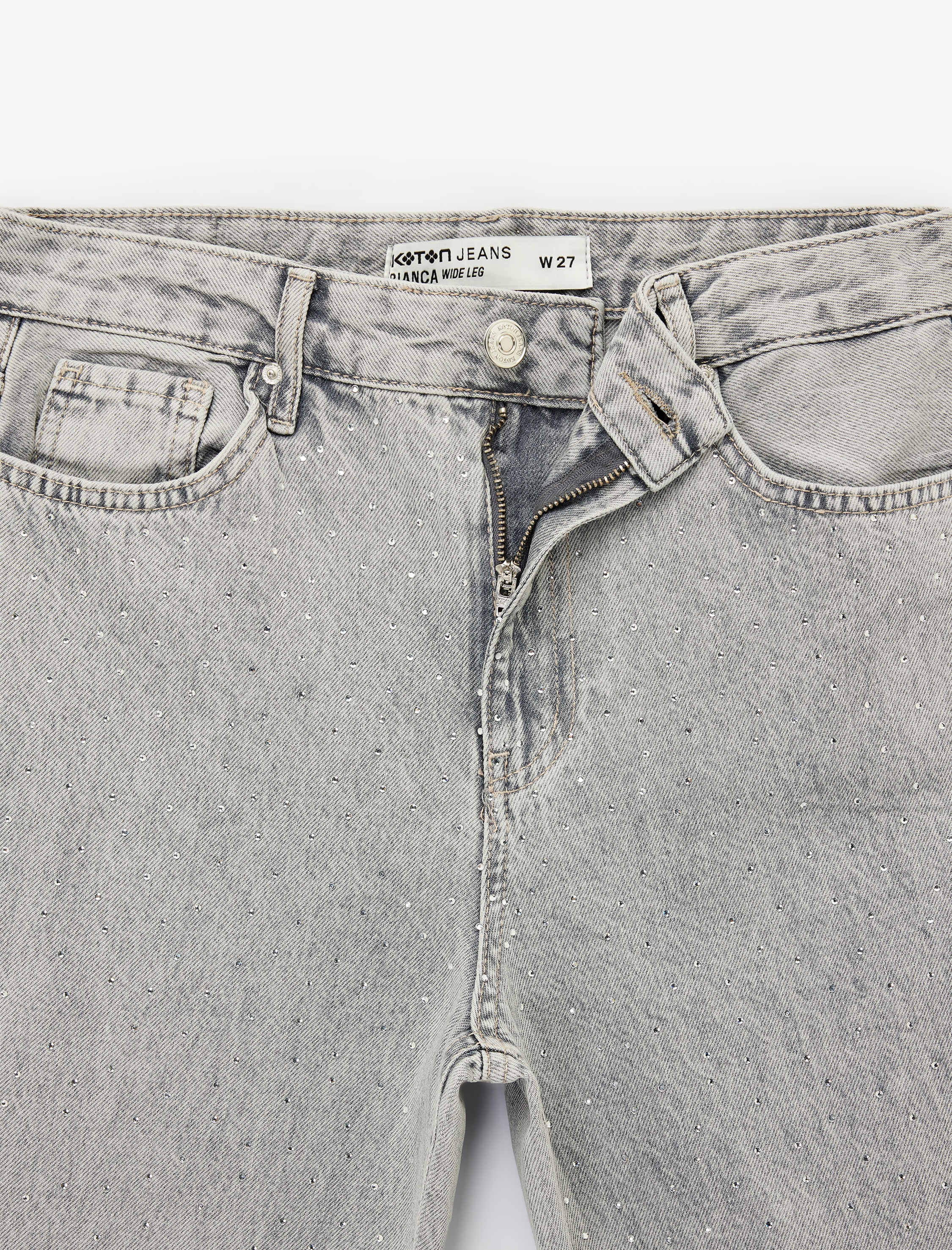   Normal Bel Taş Detaylı Pamuklu Geniş Paça Denim Pantolon - Wide Leg Jean