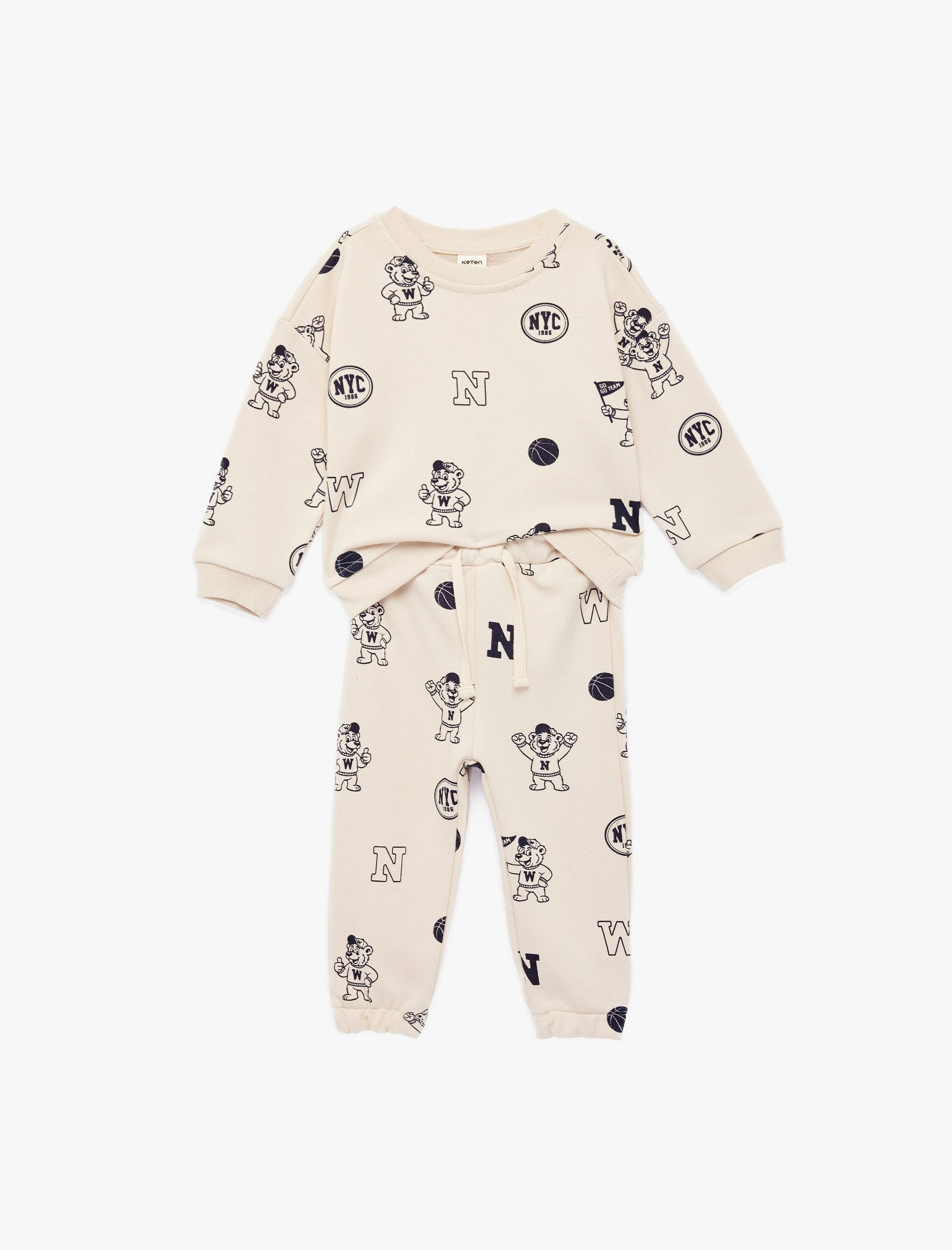  Erkek Bebek Baskılı Uzun Kollu Bisiklet Yaka Pamuklu Eşofman Takımı