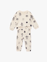 Baskılı Uzun Kollu Bisiklet Yaka Pamuklu Eşofman Takımı