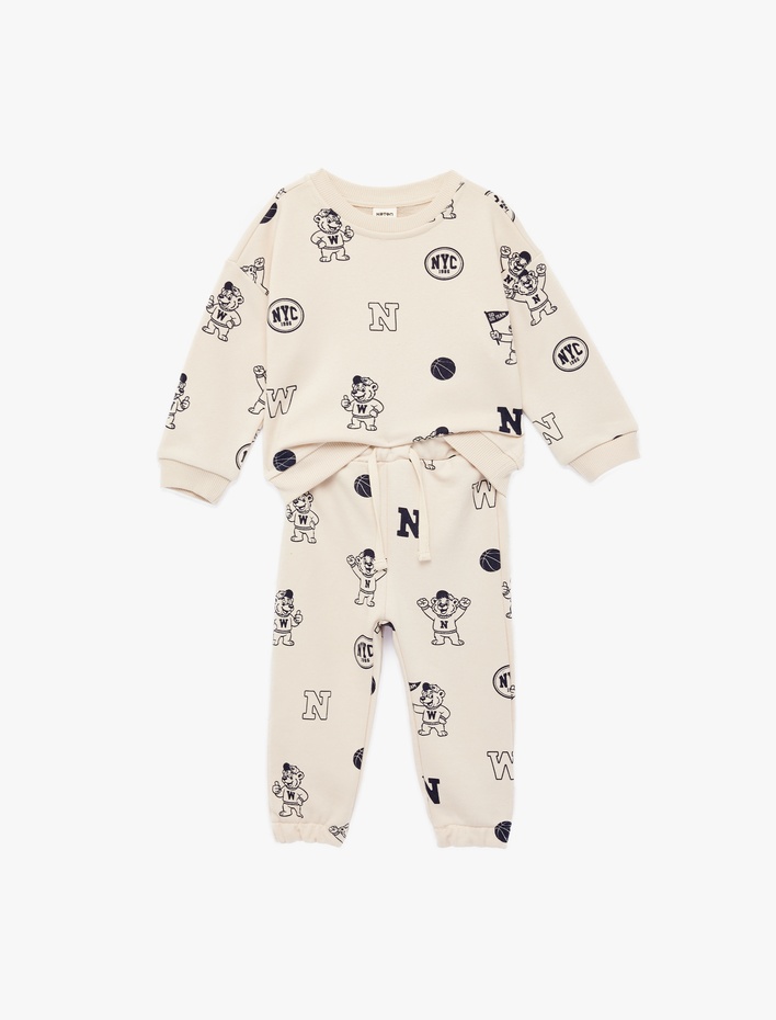 Erkek Bebek Baskılı Uzun Kollu Bisiklet Yaka Pamuklu Eşofman Takımı