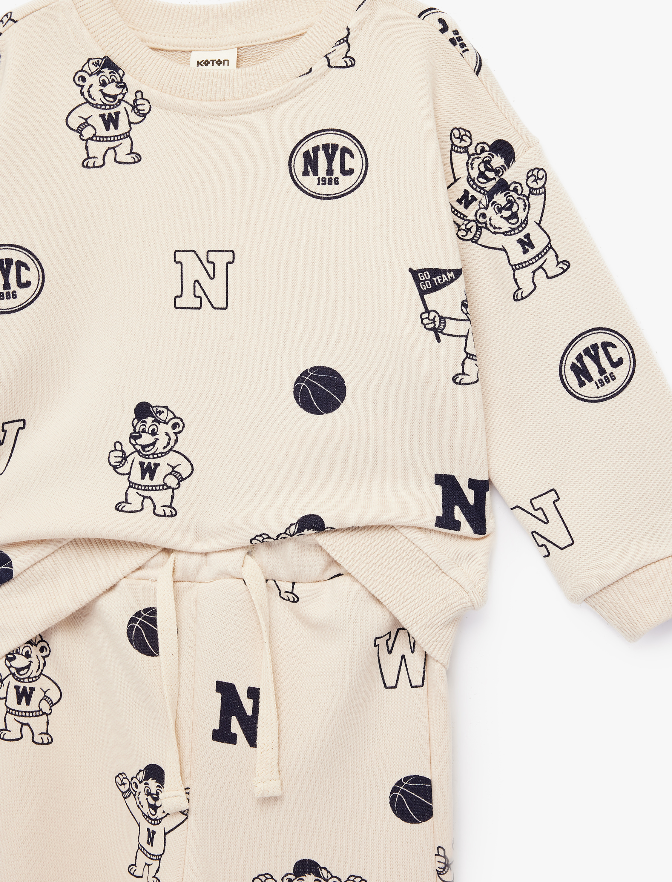  Erkek Bebek Baskılı Uzun Kollu Bisiklet Yaka Pamuklu Eşofman Takımı