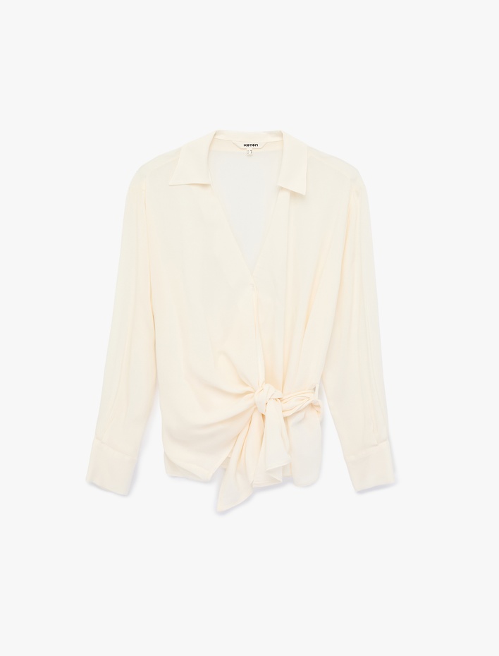  Viskon Gömlek Yaka Uzun Kollu Yandan Bağlama Detaylı Bluz