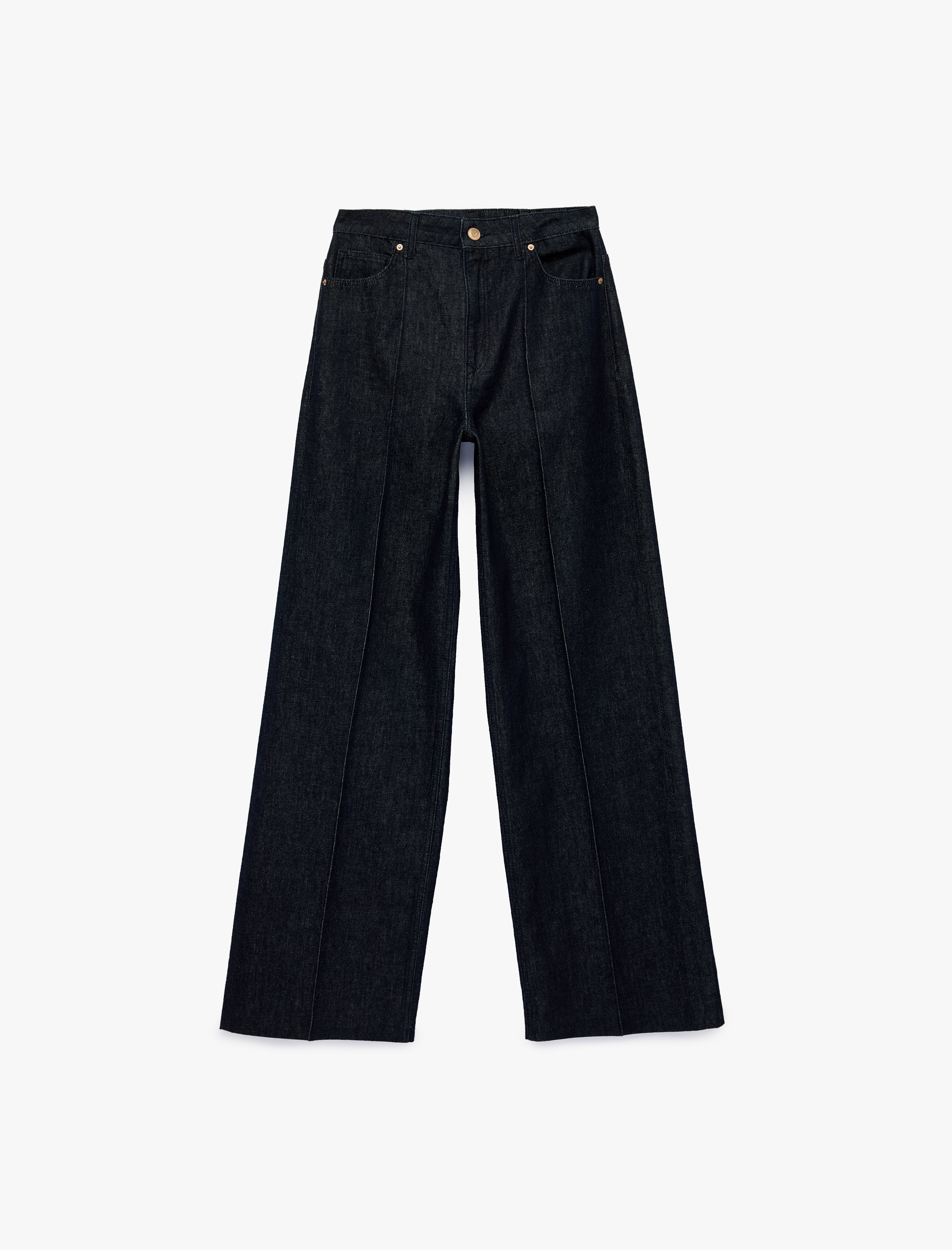   Normal Bel Cepli Düğmeli Nervürlü Geniş Paça Denim Pantolon - Wide Leg Jeans