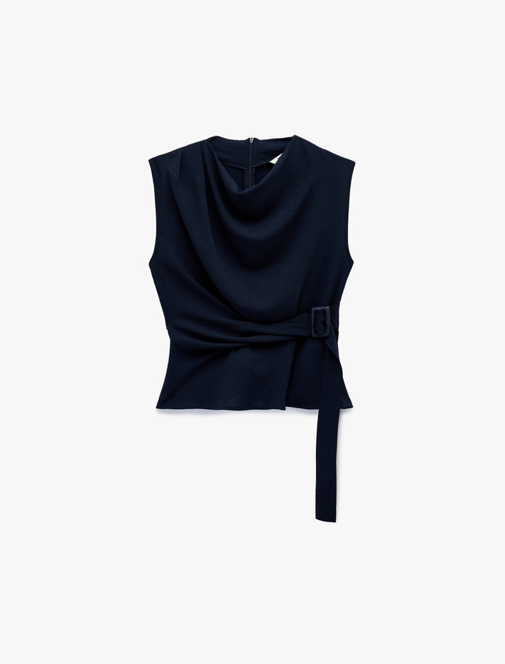  Aerobin Kumaş Hafif Degaje Yaka Kolsuz Kemerli Bluz