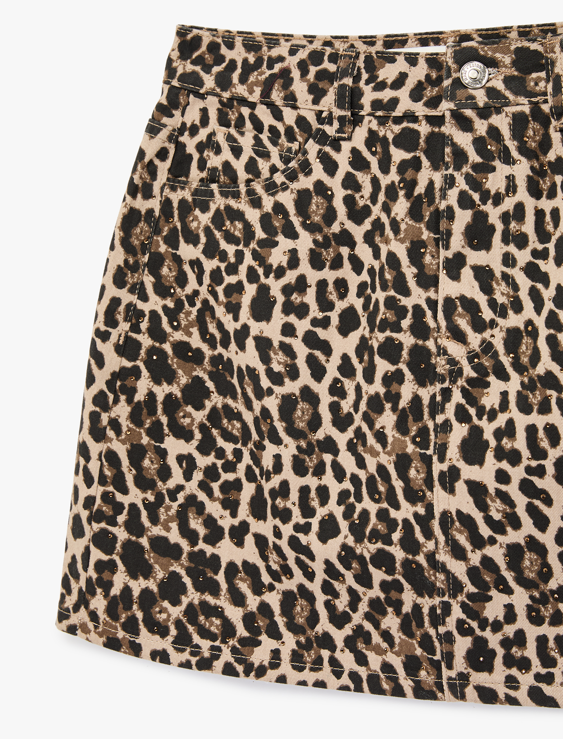   Taş Detaylı Düğmeli Yüksek Bel Mini Leopar Etek