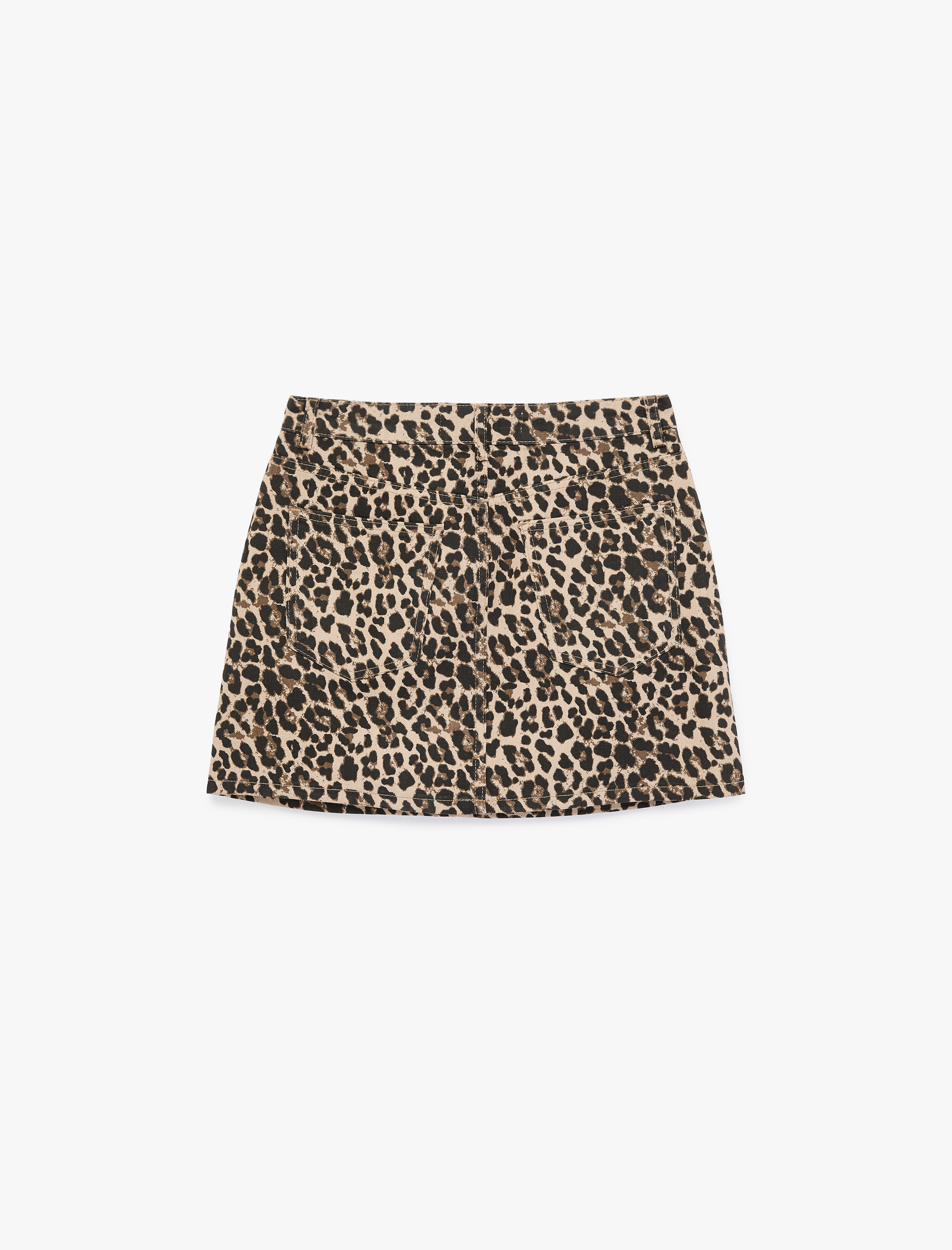   Taş Detaylı Düğmeli Yüksek Bel Mini Leopar Etek