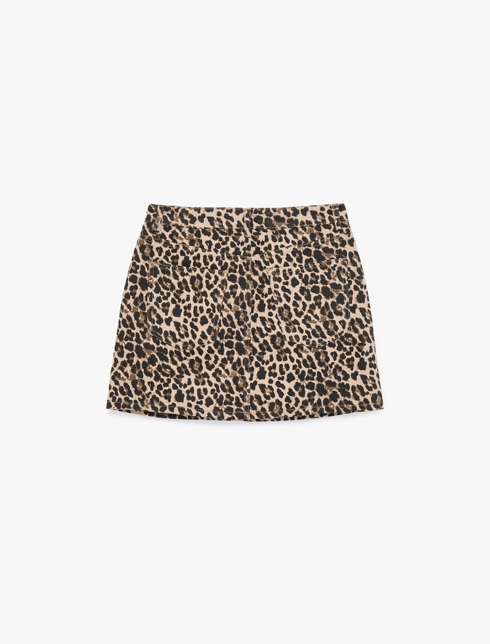  Taş Detaylı Düğmeli Yüksek Bel Mini Leopar Etek