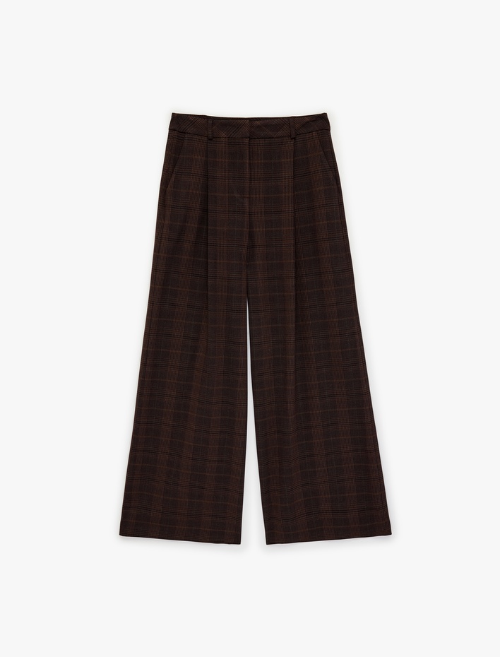  Cepli Pile Detaylı Düz Geniş Paça Ekose Pantolon