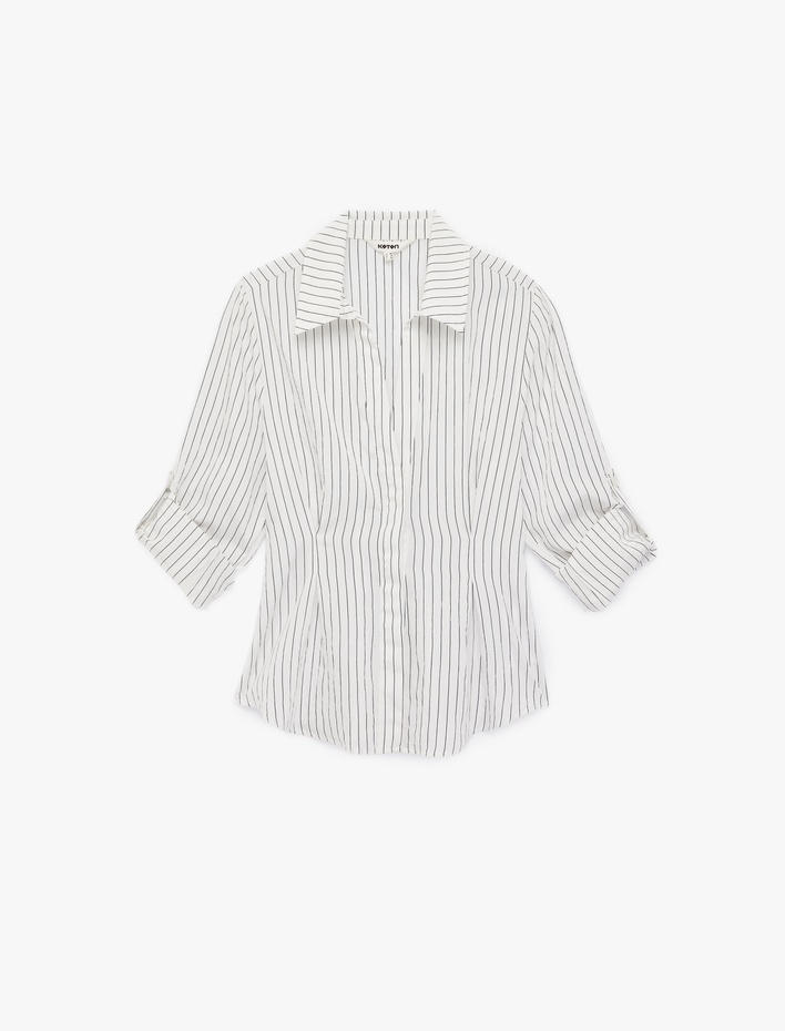  Slim Fit Viskon Kumaş Pens Detaylı Uzun Kollu Çizgili Gömlek