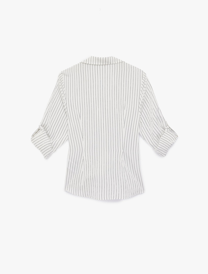  Slim Fit Viskon Kumaş Pens Detaylı Uzun Kollu Çizgili Gömlek