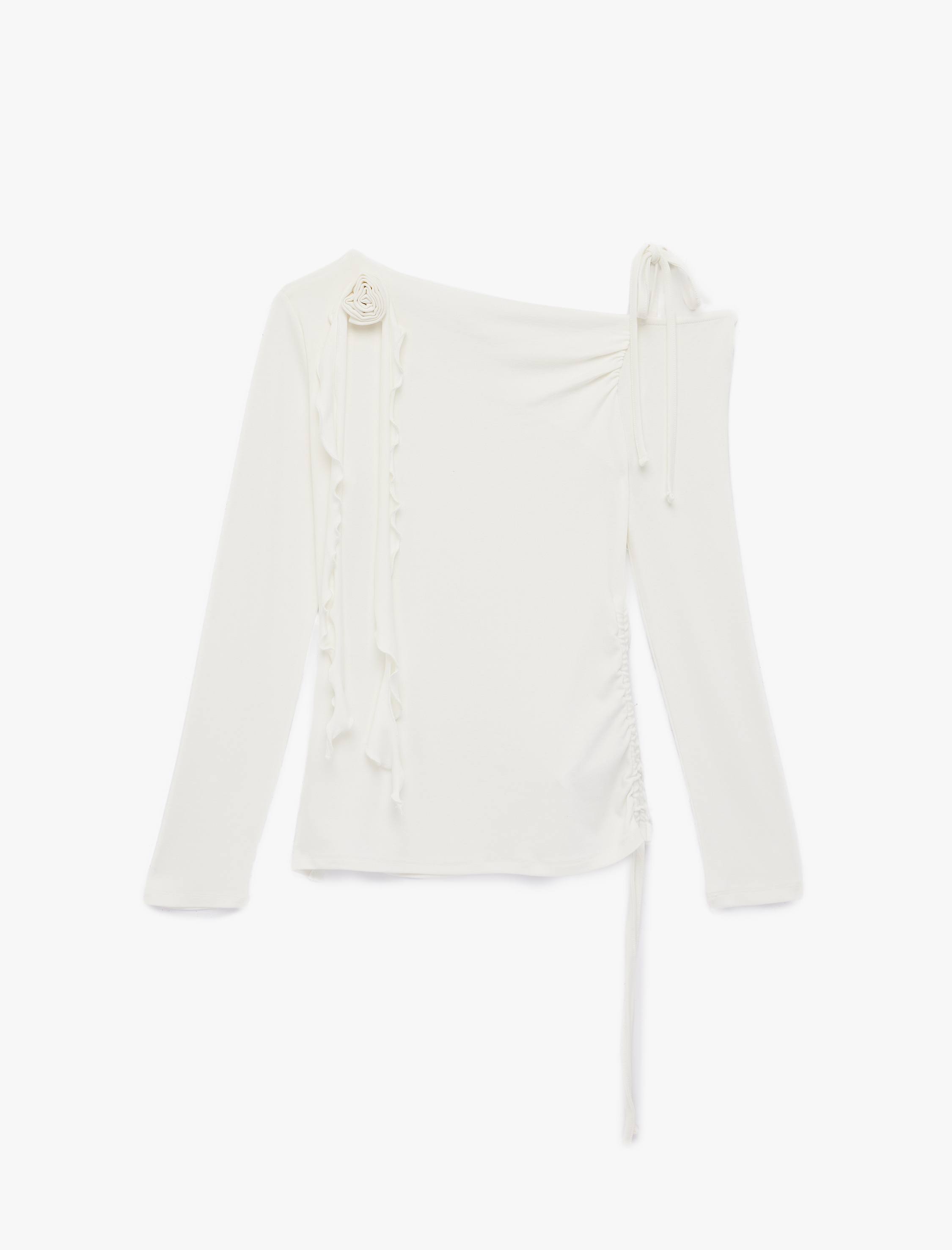   Slim Fit Fırfırlı Gül Aplike Detaylı Büzgülü Uzun Kollu Kayık Yaka Bluz