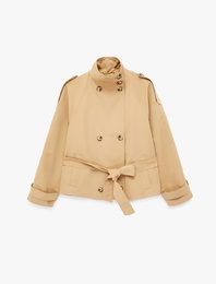 Cepli Kemerli Düğmeli Dik Yaka Uzun Kollu Gabardin Ceket