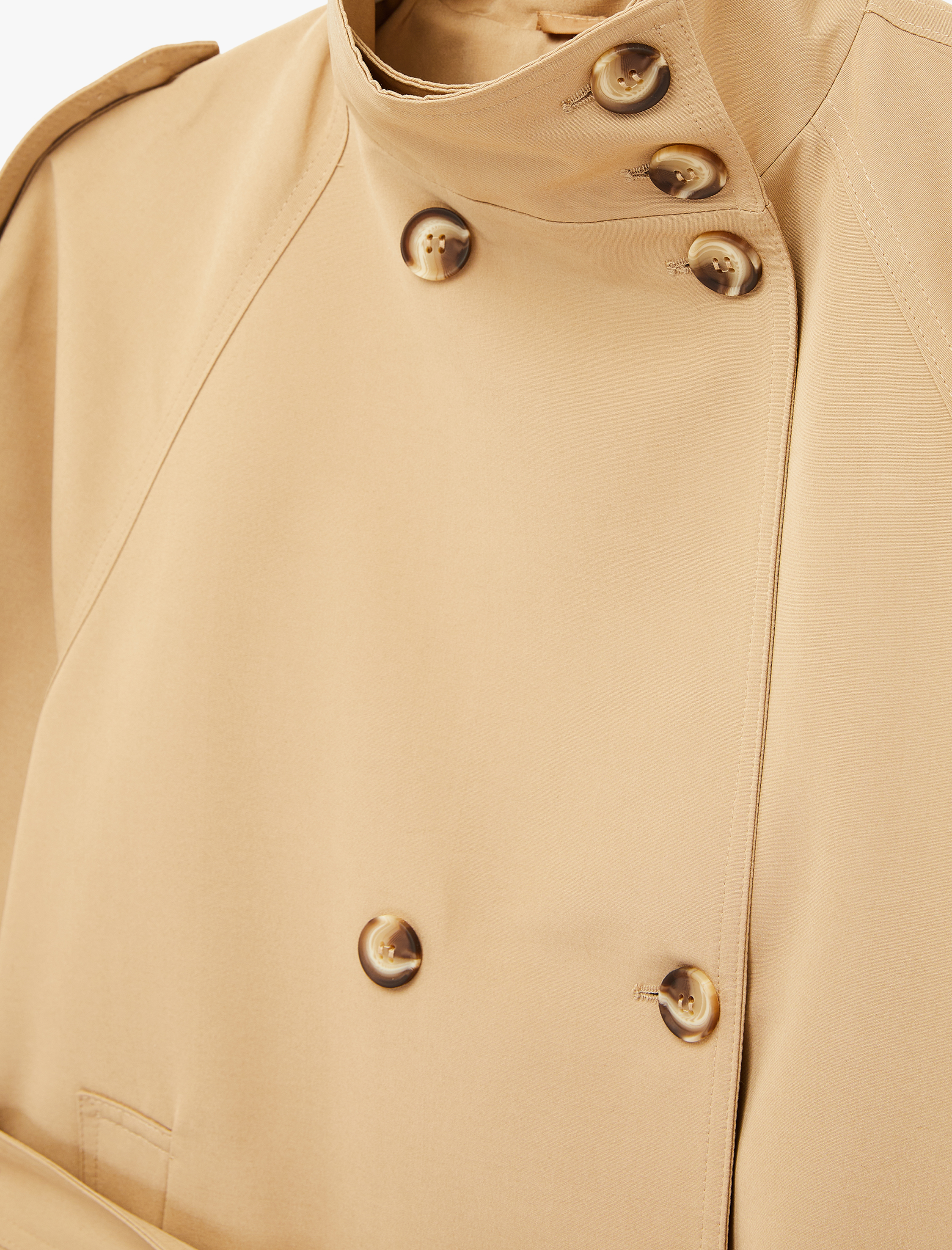   Cepli Kemerli Düğmeli Dik Yaka Uzun Kollu Gabardin Ceket