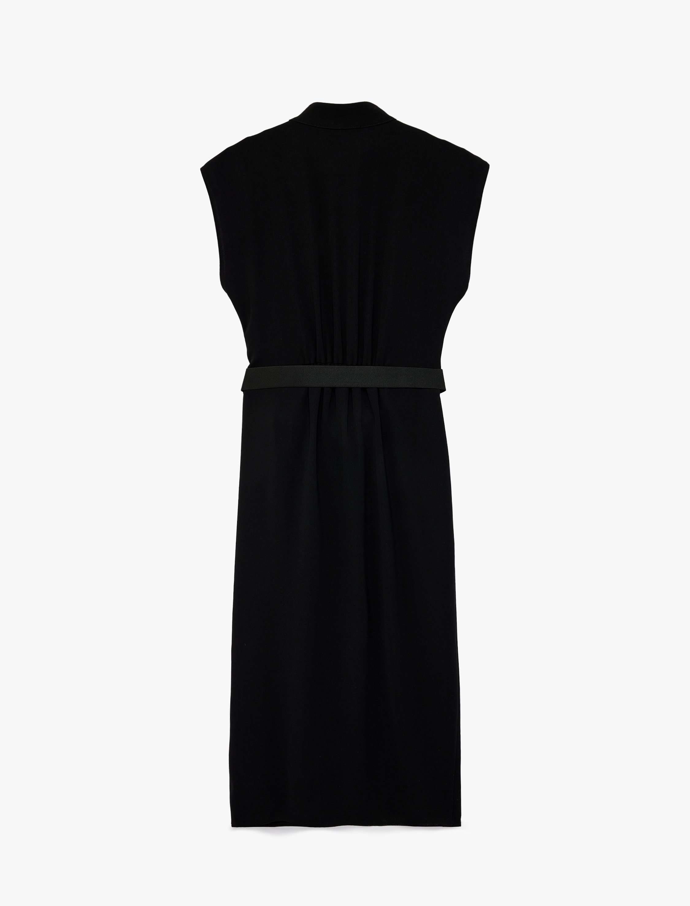   Krep Kumaş Kemer Detaylı Dik Yaka Kolsuz Metal Aksesuarlı Midi Elbise