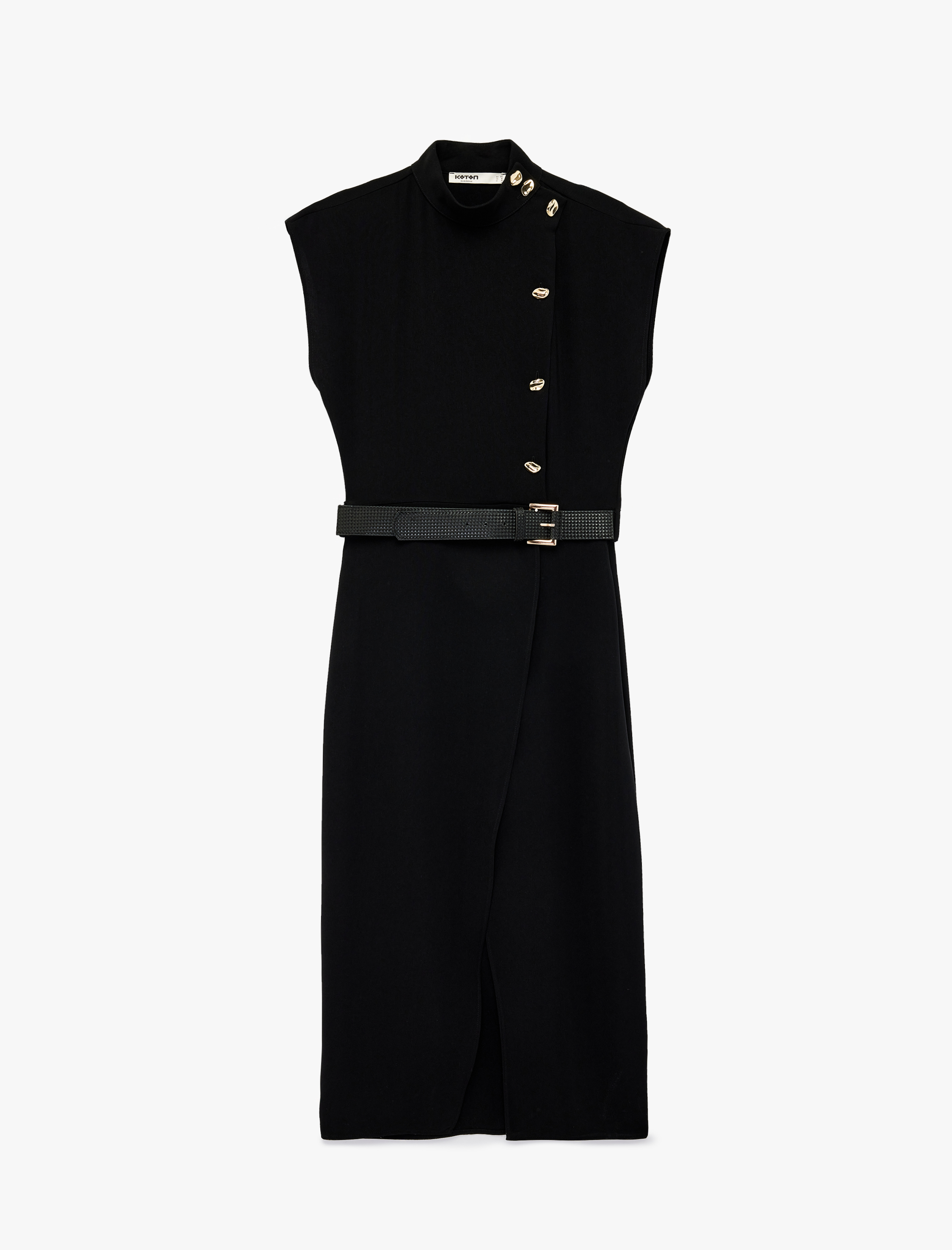   Krep Kumaş Kemer Detaylı Dik Yaka Kolsuz Metal Aksesuarlı Midi Elbise