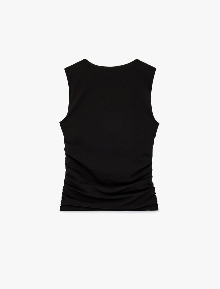  Pamuklu Slim Fit Drape Detaylı Kare Yaka Kolsuz Bluz