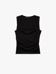 Pamuklu Slim Fit Drape Detaylı Kare Yaka Kolsuz Bluz