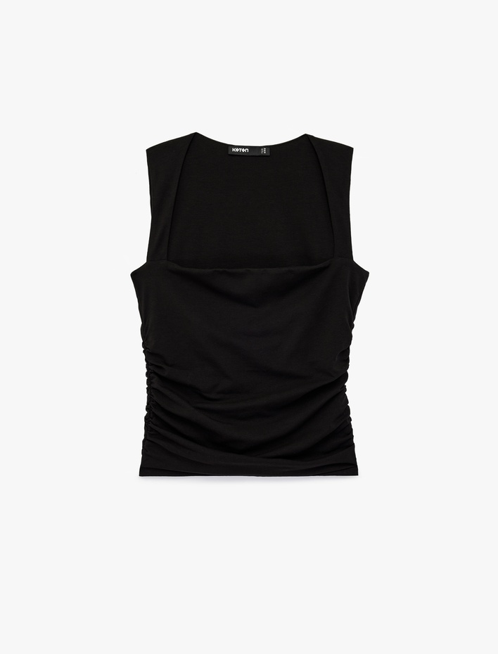  Pamuklu Slim Fit Drape Detaylı Kare Yaka Kolsuz Bluz