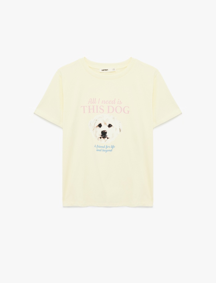  Kısa Kollu Bisiklet Yaka Pamuklu Köpek Baskılı Tişört