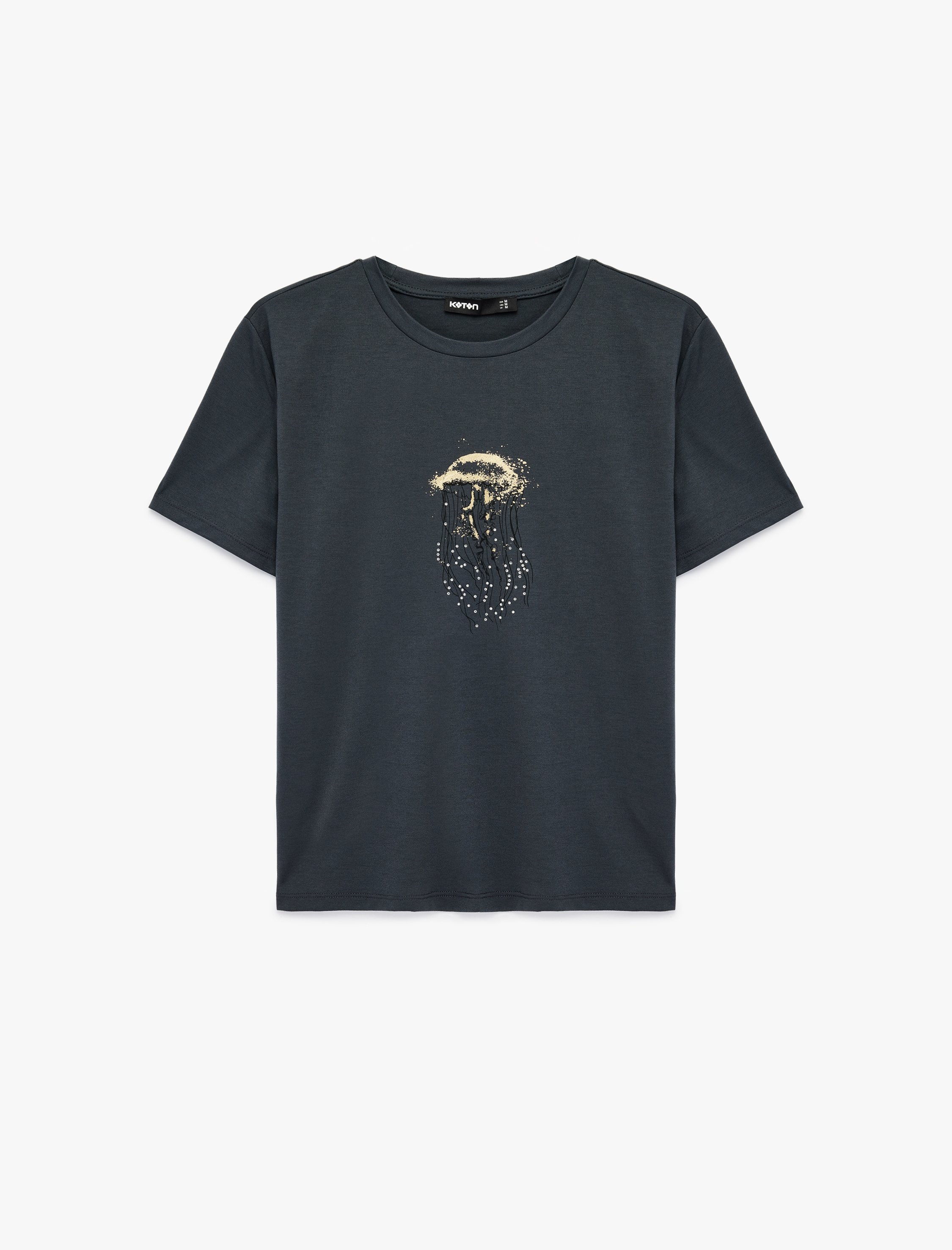   Kısa Kollu Bisiklet Yaka Taşlı Deniz Anası Grafik Baskılı Tişört