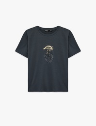 Kısa Kollu Bisiklet Yaka Taşlı Deniz Anası Grafik Baskılı Tişört