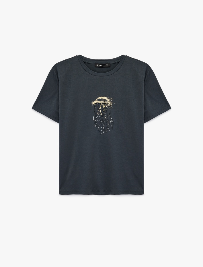  Kısa Kollu Bisiklet Yaka Taşlı Deniz Anası Grafik Baskılı Tişört